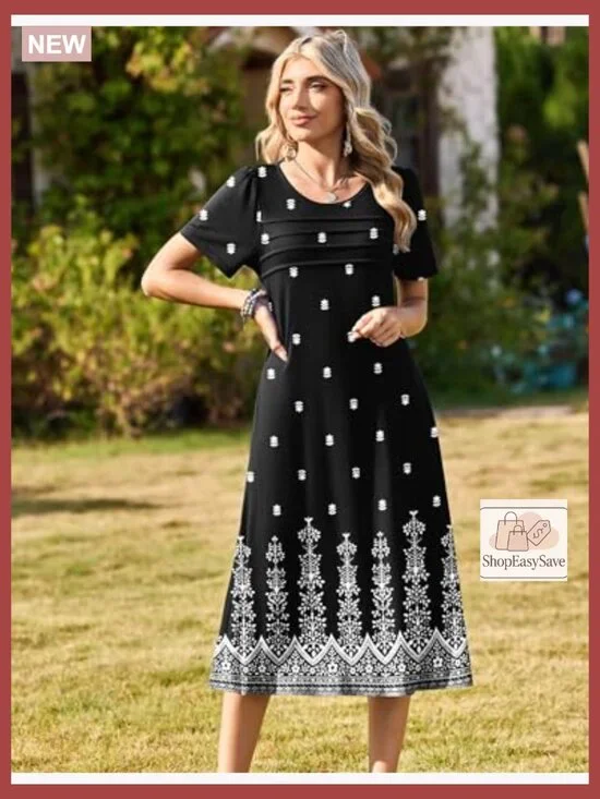 Floral Print Midi Dress Loose Fit Bohemian Casual Summer Beach Sundress with - Picture 3 of 7